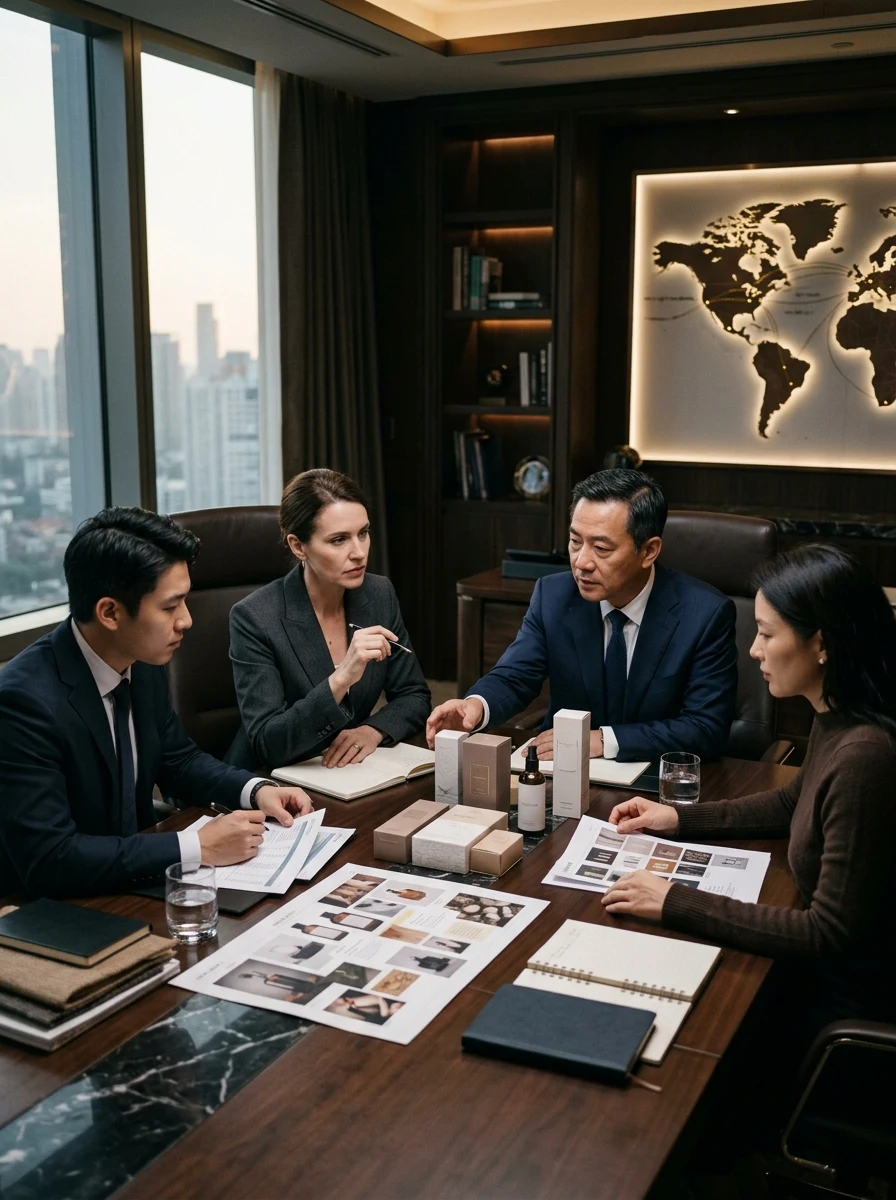 Brand strategy advisory meeting with product positioning materials