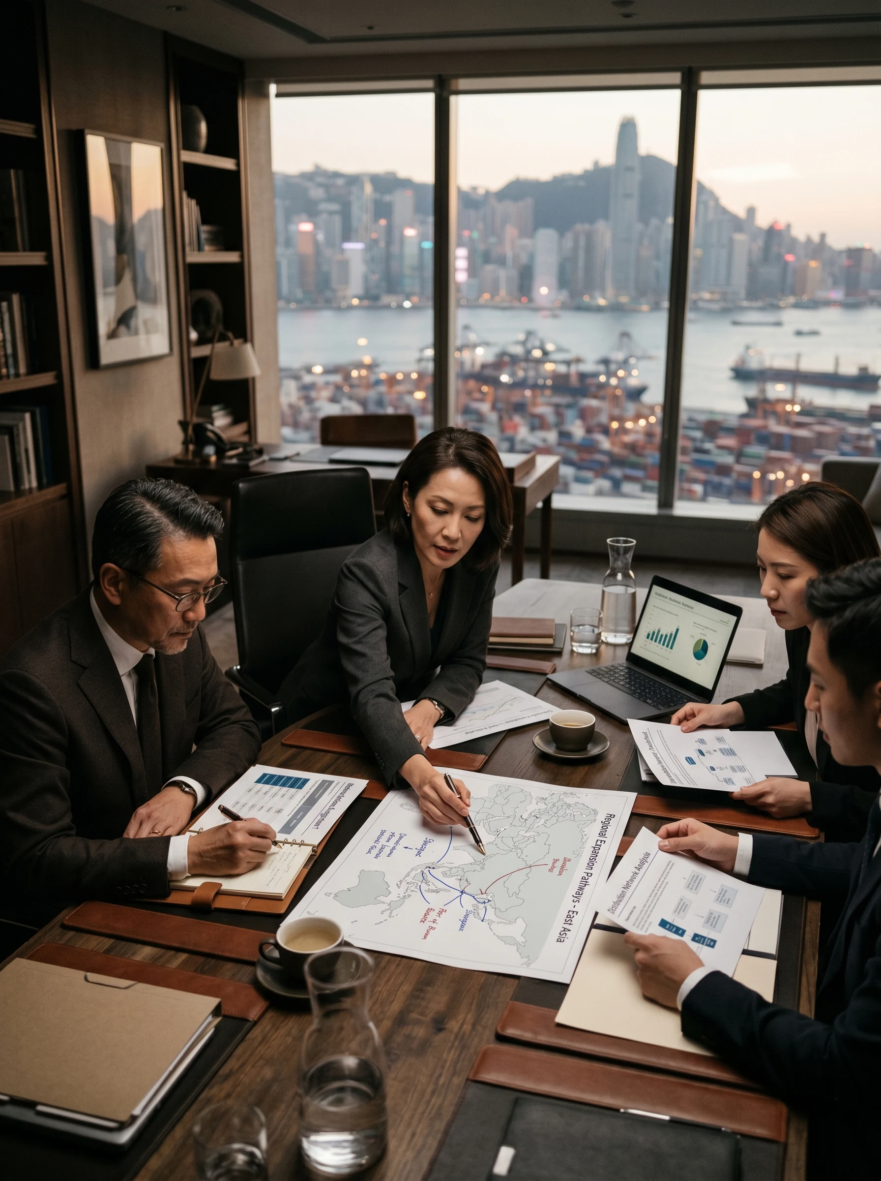 Market expansion strategy meeting with global planning documents
