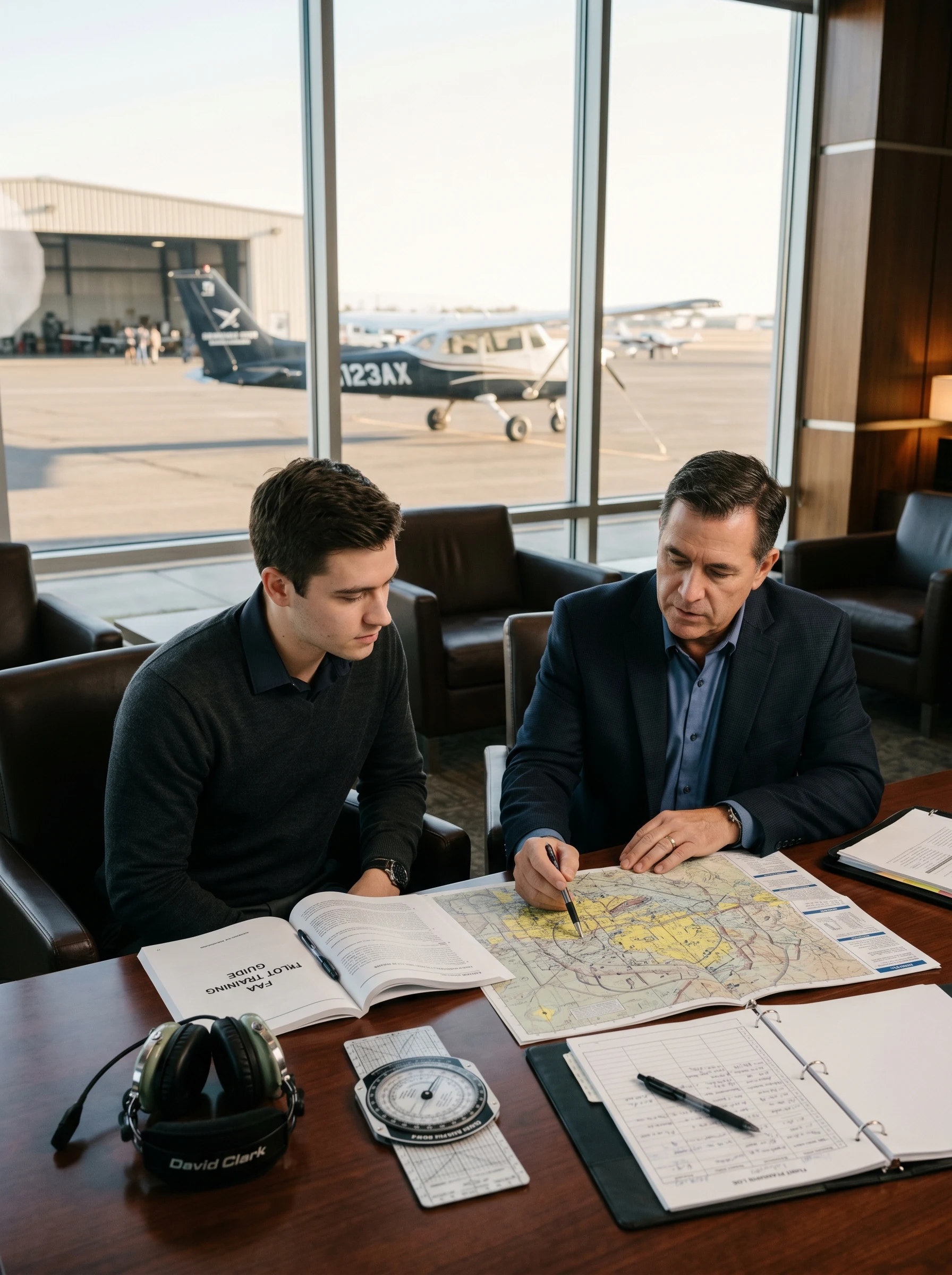 Pilot training advisory briefing with aviation materials